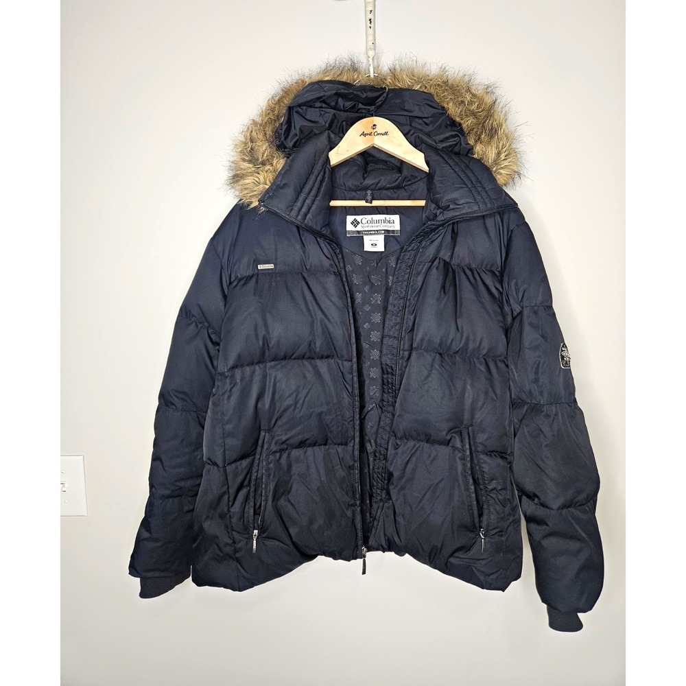 Columbia 1X Black Down Puffer Jacket Hooded Faux Fur Trim Zip Down Gorpcore Cozy